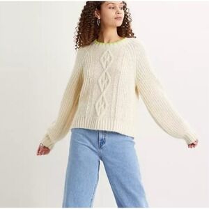 Levi's Ava Cable Knit Sweater Cream W Neon. Sz M Green Collar Med Weight Oversiz